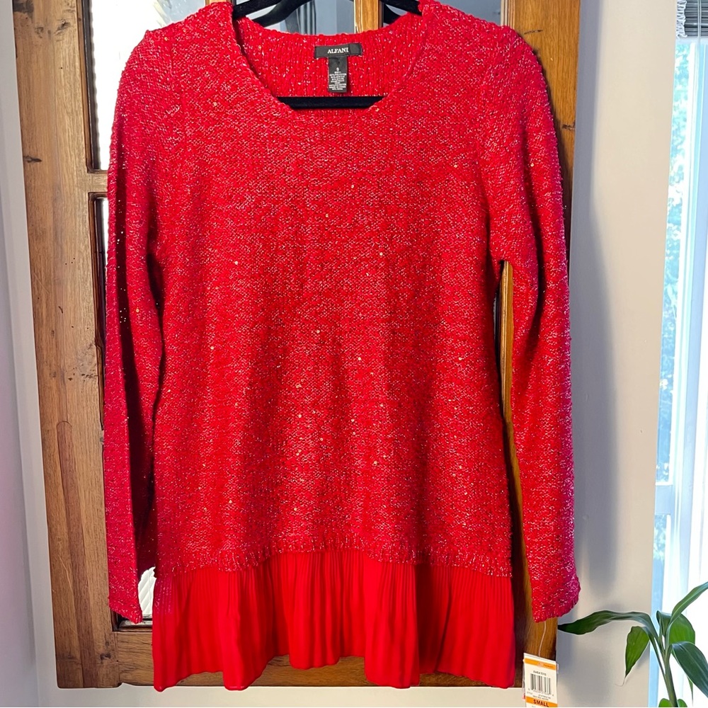 Alfani New Red Amore Metallic Chiffon-Hem Sequin Long Sleeves Knit Sweater US S